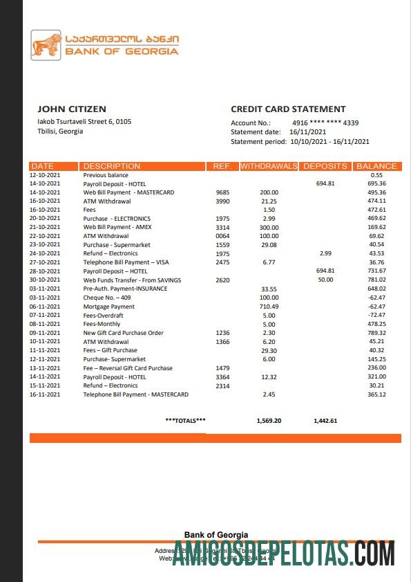 Modelo de extrato bancário em branco do Georgia Bank Of Georgia, formato Word e PDF